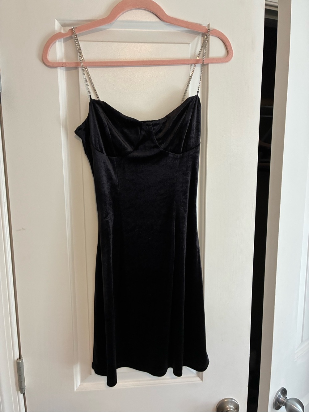 Black Velvet Mini Dress with Silver Chain Straps